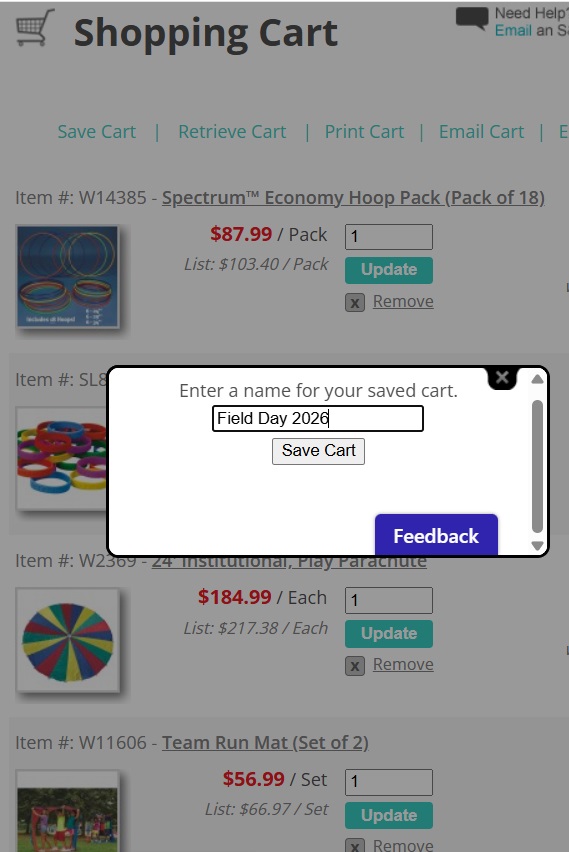 Field Day giveaway cart - how to create and save a cart